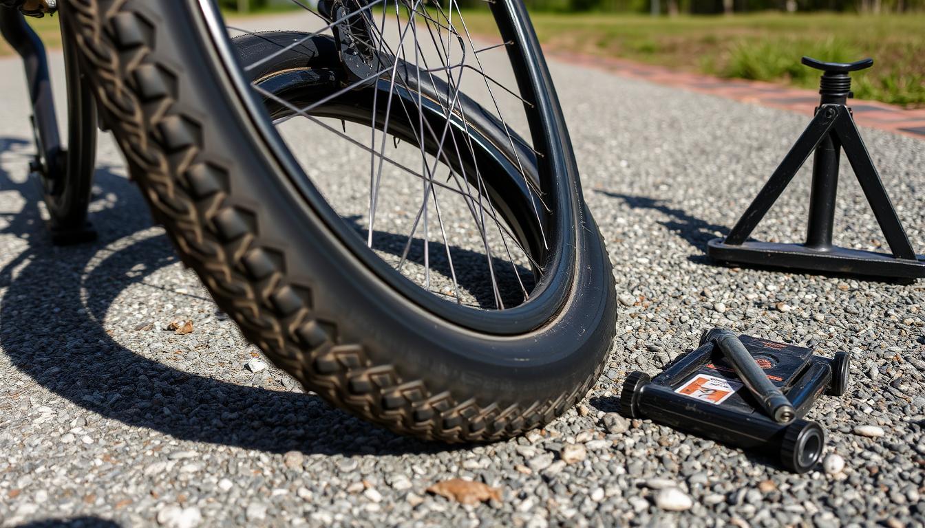 a bicycle tire and a tool on the ground