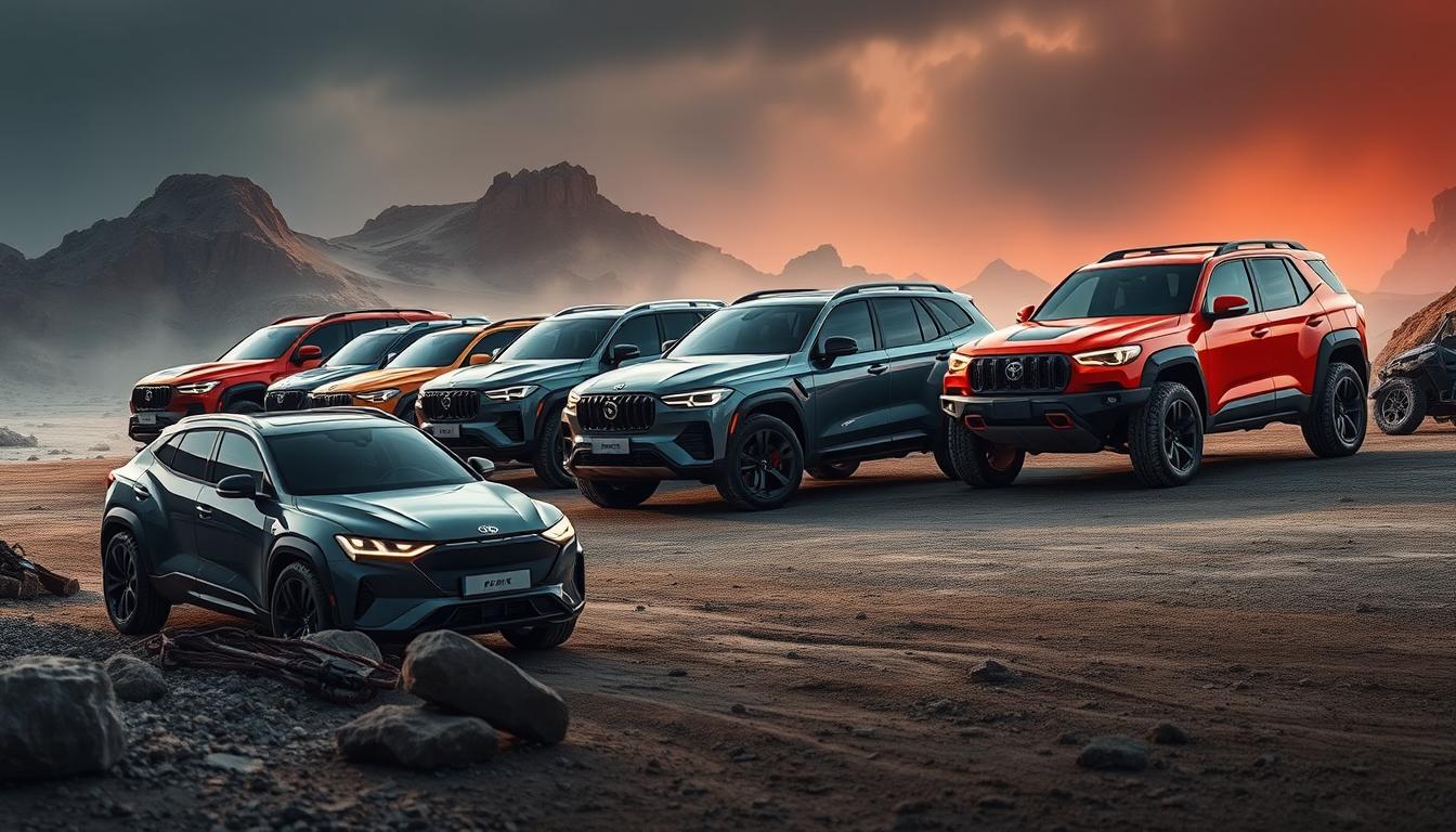 a group of cars parked in a desert