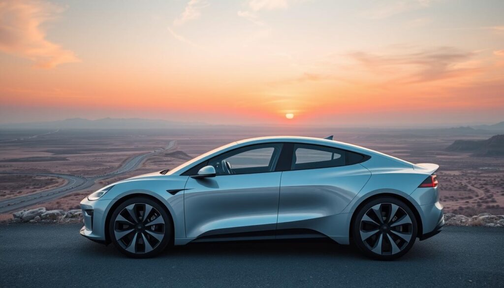 A futuristic electric car parked by a scenic overlook, with a vast landscape of open roads and charging stations in the distance, showcasing a digital display of battery life and range indicators in vibrant colors, set against a sunset sky reflecting the beauty of sustainable travel.