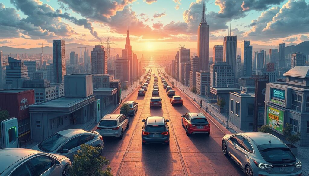 A detailed illustration of a futuristic cityscape with electric cars, highlighting various issues such as charging station congestion, battery disposal problems, power grid overload, and limited range. Showcase electric vehicle infrastructure challenges like inadequate charging options and urban planning conflicts, with a backdrop of pollution from traditional vehicles and scenic landscapes disrupted by modern technology.